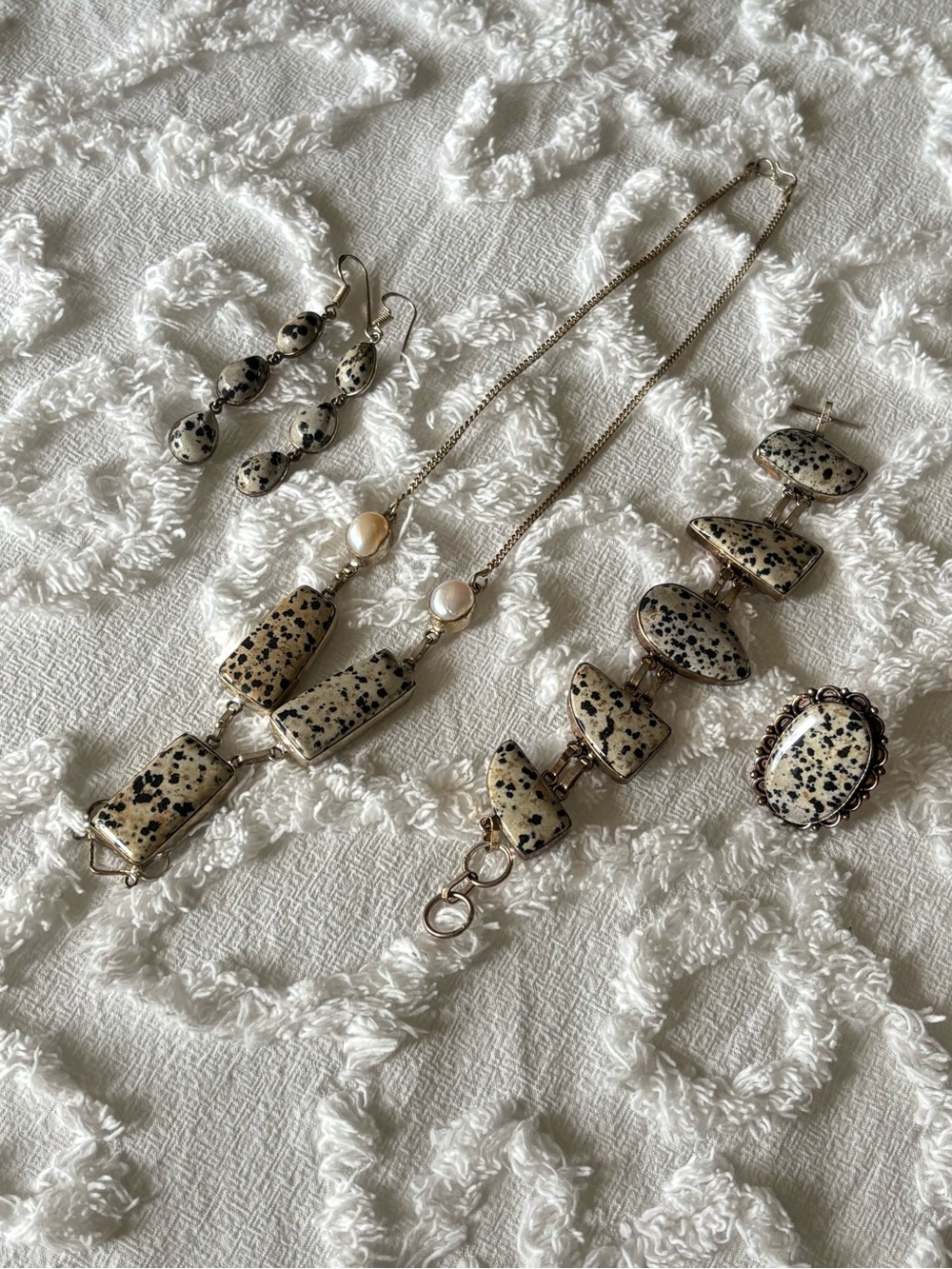 Dalmatian Jasper Pendant Necklace and Earring Set - Cream and Black Jewelry